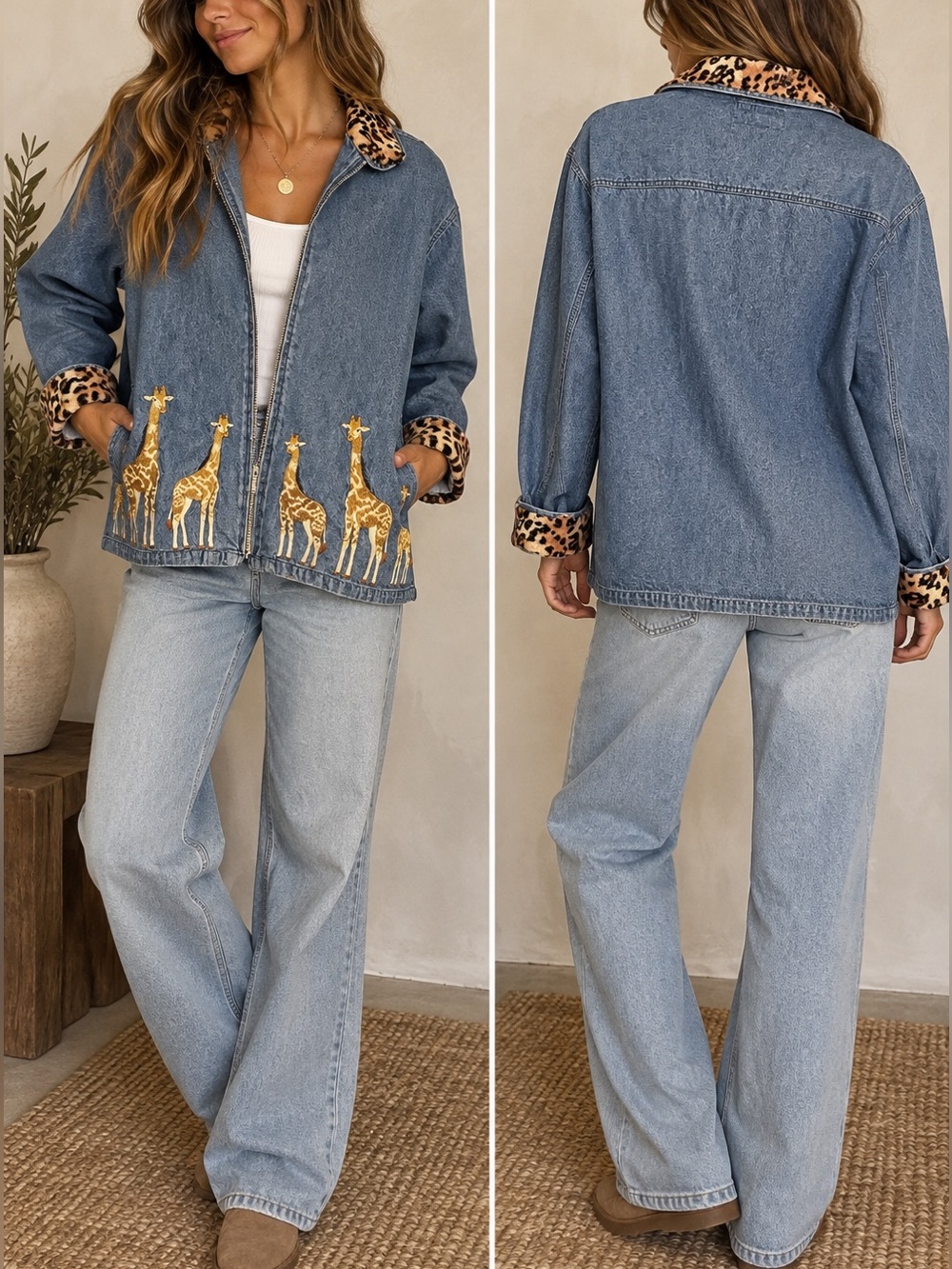 Dress Barn - Denim Zip Jacket with Leopard Collar Giraffe Embroidery